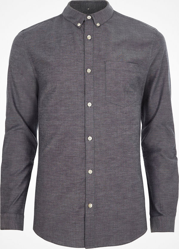 River Island Grey muscle fit long sleeve Oxford shirt