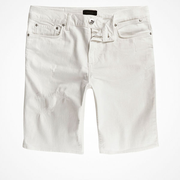 River Island White ripped Sid skinny denim shorts