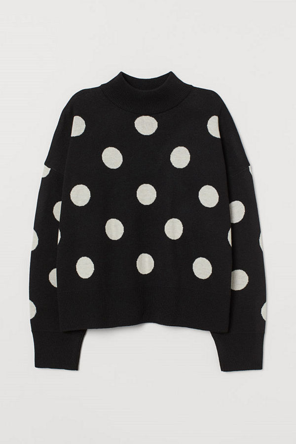 H&M Stickad tröja med halvpolo svart