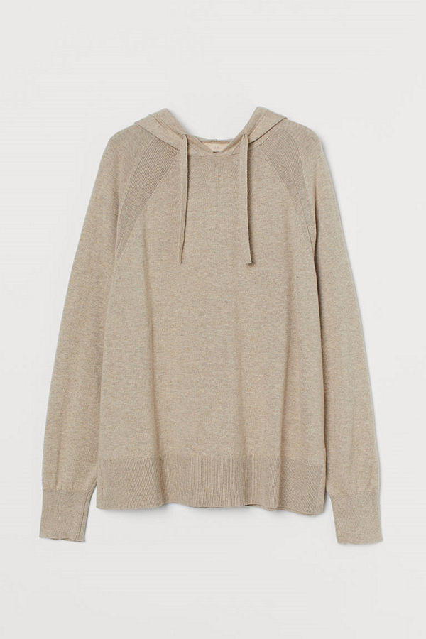 H&M Stickad huvtröja i ullmix beige