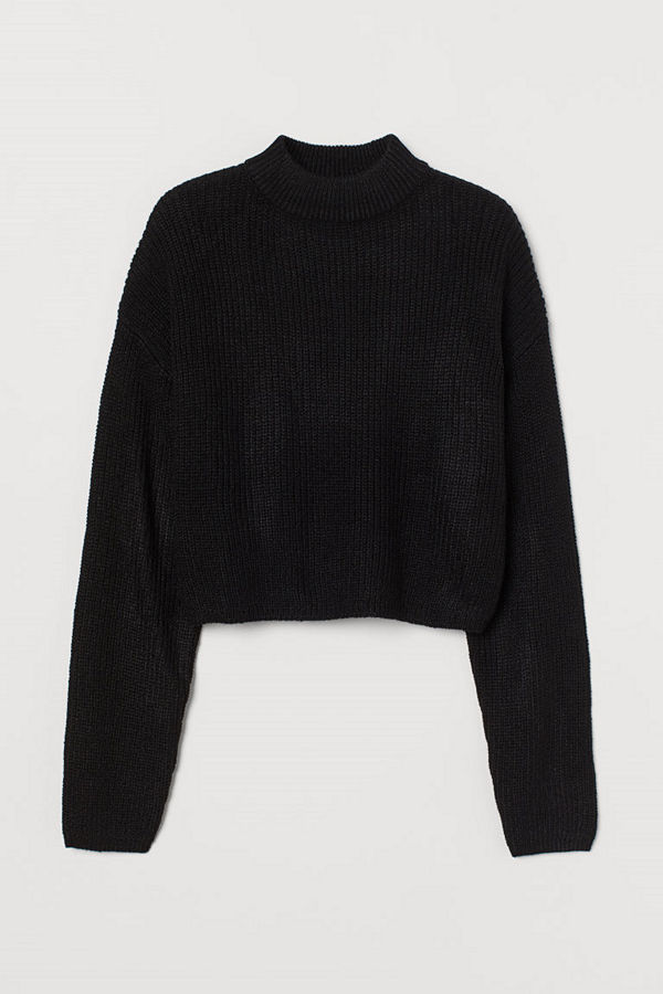 H&M Stickad tröja med halvpolo svart