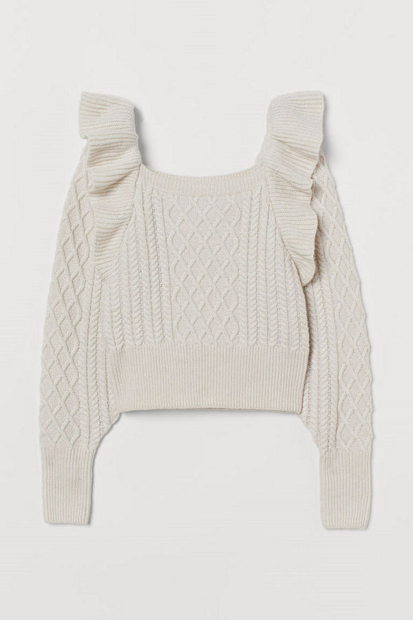 H&M Kabelstickad tröja med volang brun