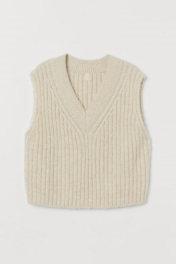 H&M Ribbstickad slipover i ullmix vit