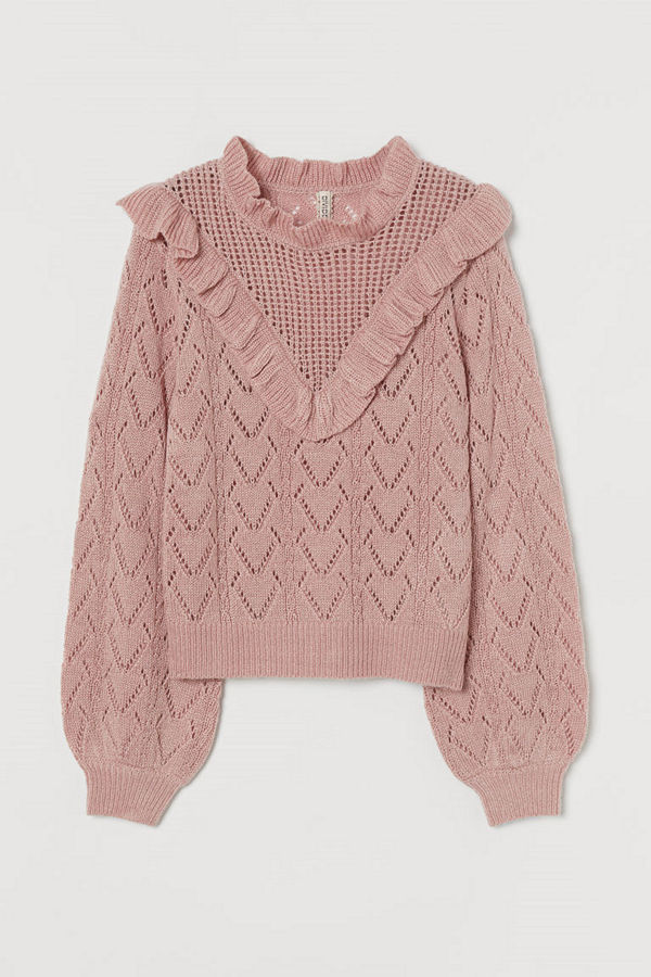 H&M Stickad tröja med volang rosa