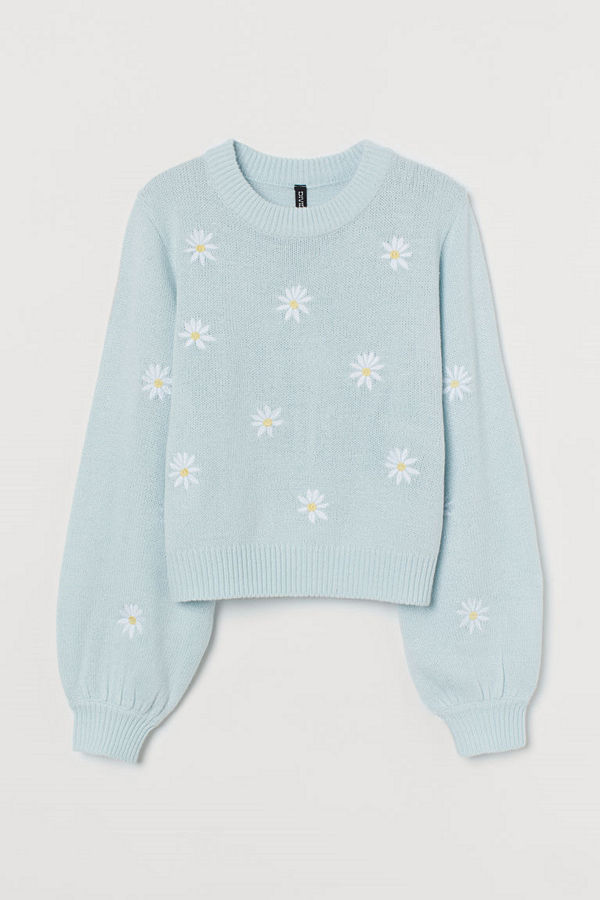 H&M Stickad tröja med broderier turkos