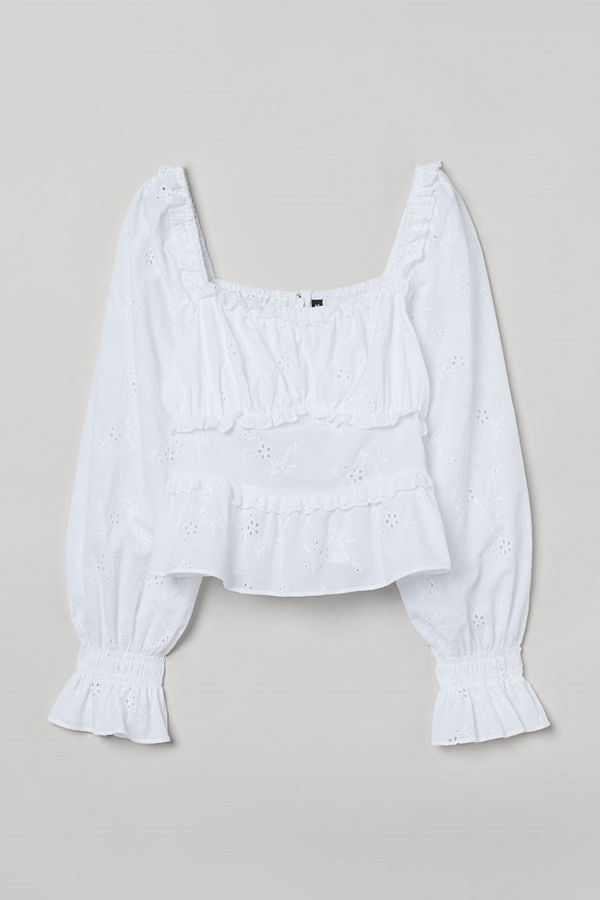 H&M Blus med broderie anglaise vit