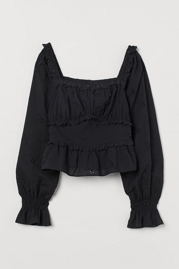 H&M Blus med broderie anglaise svart