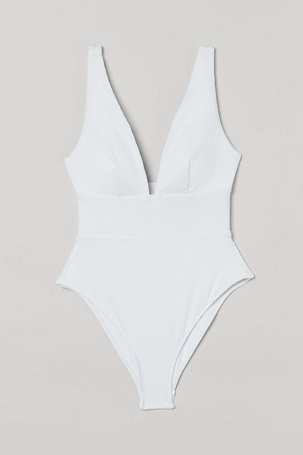 H&M Ribbad baddräkt High leg vit