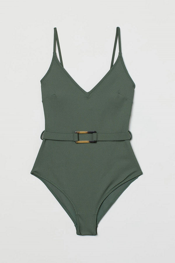 H&M Ribbad shape-baddräkt grön