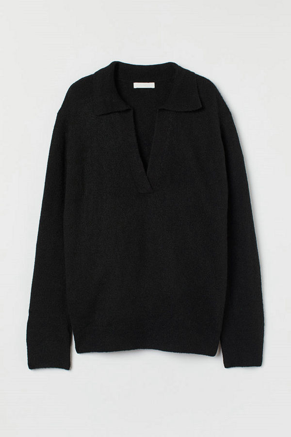H&M Stickad tröja med krage svart