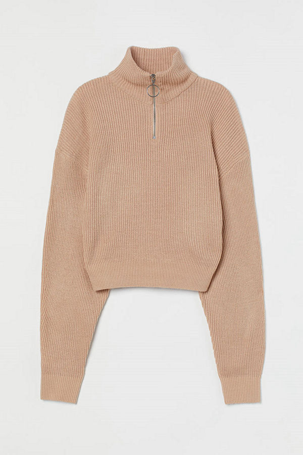 H&M Ribbad tröja med ståkrage beige