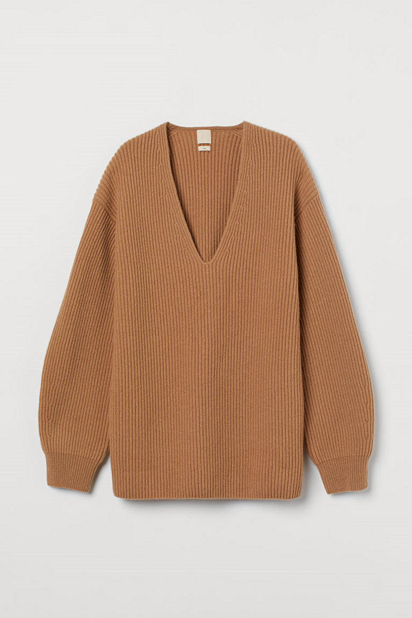 H&M Ribbstickad tröja i ull beige