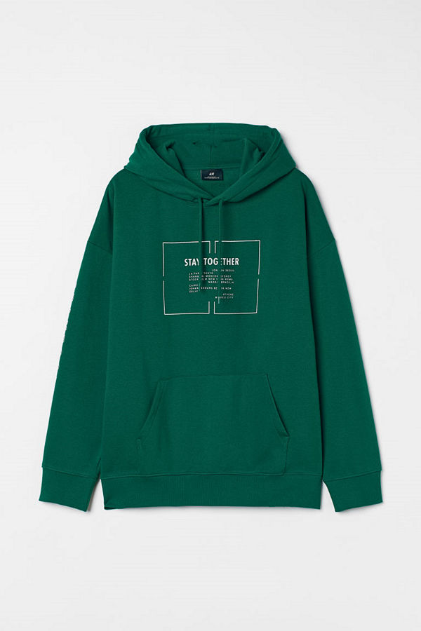 H&M Huvtröja med tryck Relaxed Fit grön
