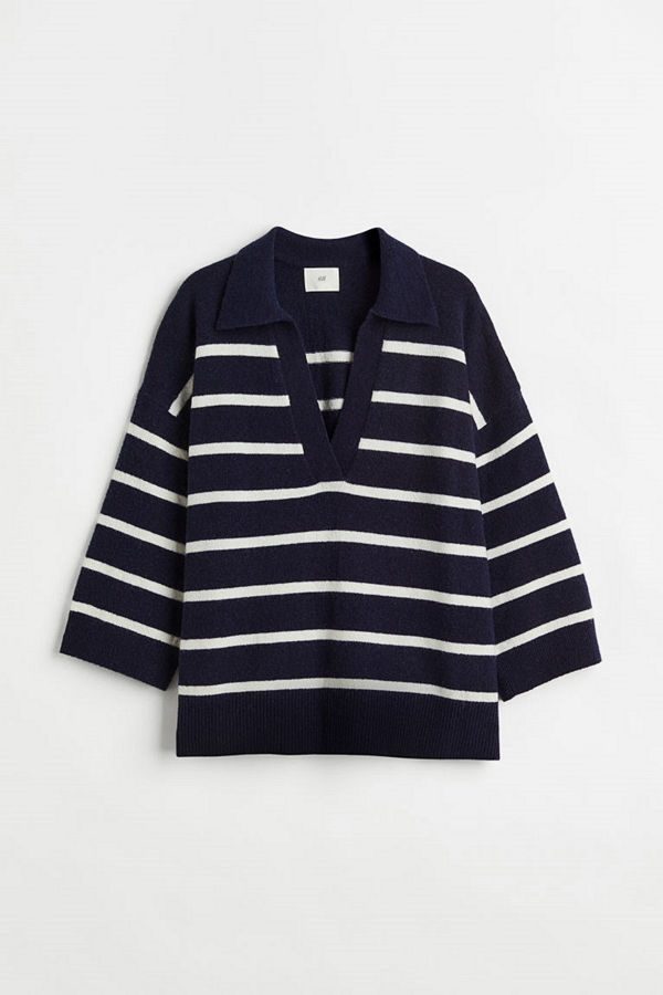 H&M Finstickad tröja med krage blå