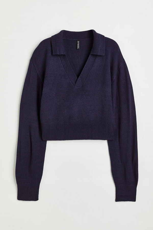 H&M Stickad tröja med krage blå