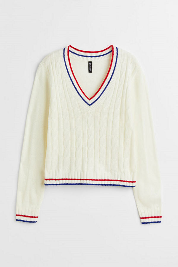 H&M Kabelstickad tröja med V-ringning vit