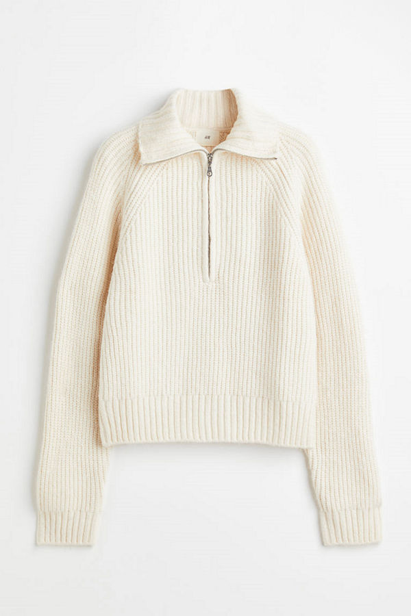 H&M Ribbstickad tröja med dragkedja beige