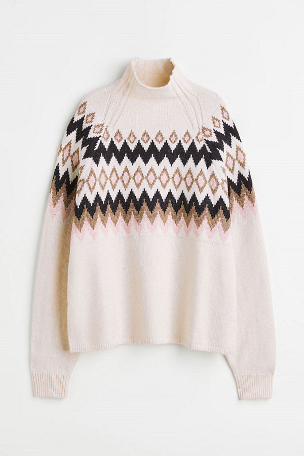 H&M Jacquardstickad tröja med halvpolo beige