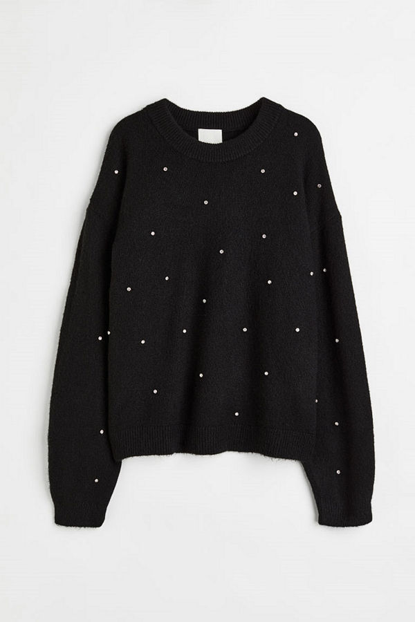 H&M Stickad tröja med pärlor svart
