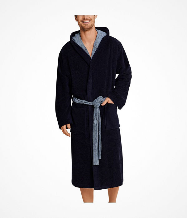 Schiesser Essentials Velvet and Terry Bathrobe Darkblue