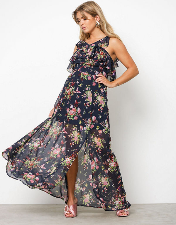 NLY Trend Frill Shoulder Long Dress Mönstrad