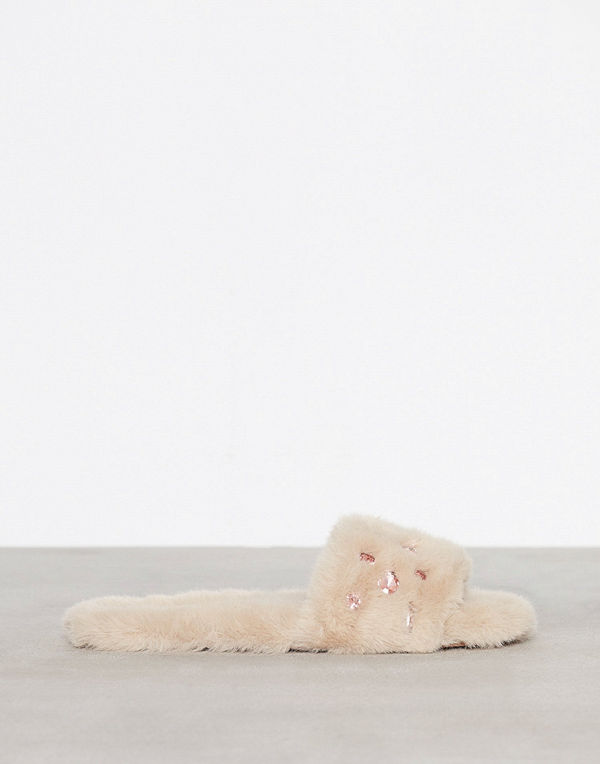 River Island Embellished Fur Slider Cream