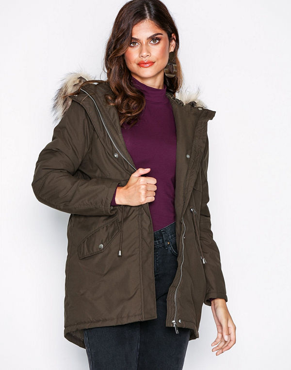 New Look Faux Fur Trim Hooded Parka Khaki