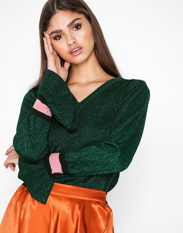 Y.a.s Yasmetallico Ls V-Neck Top Mörk turkos