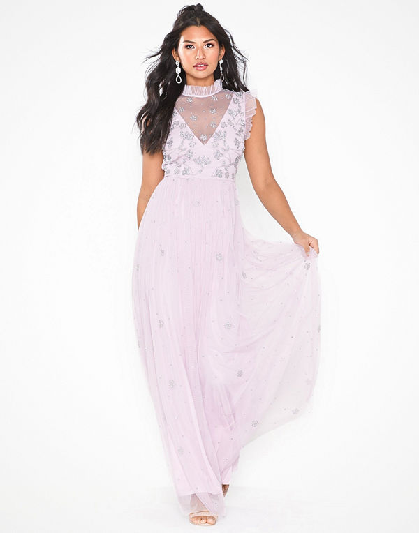 Maya Ruffel Neck Mesh Maxi Dress
