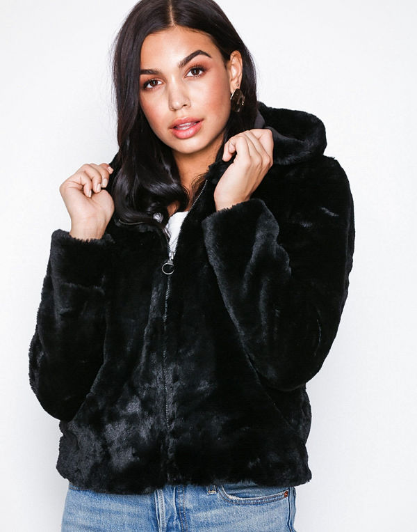 Only Onlchris Fur Hooded Jacket Otw Noos Svart