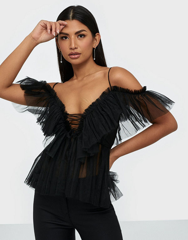Parisian Sheer Mesh Cold Shoulder Ruffle Top