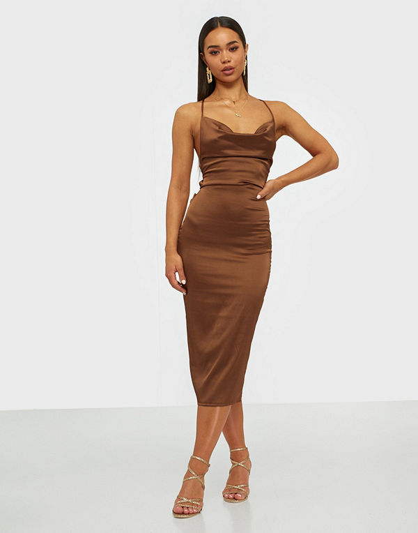 Parisian Satin Cowl Neck Tie Back Midi Dress