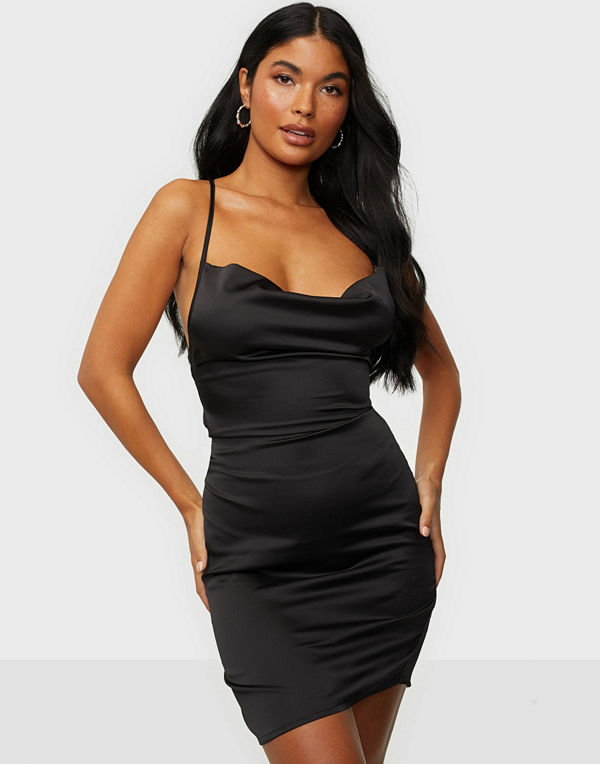 Parisian Satin Cowl Neck Tie Back Mini Dress