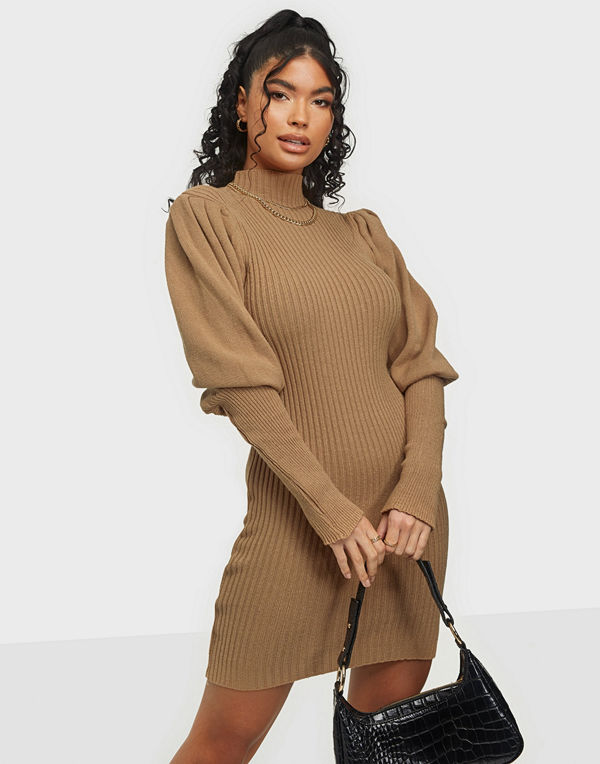 Parisian Blouson Sleeve Knitted Rib Mini Dress