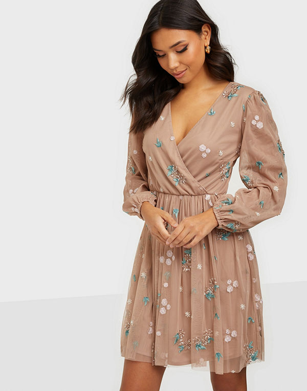 Maya All Over Embroidered Long Sleeve Wrap Mini