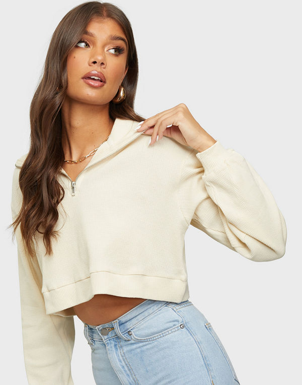 Glamorous Cropped Waffle Zip Sweat