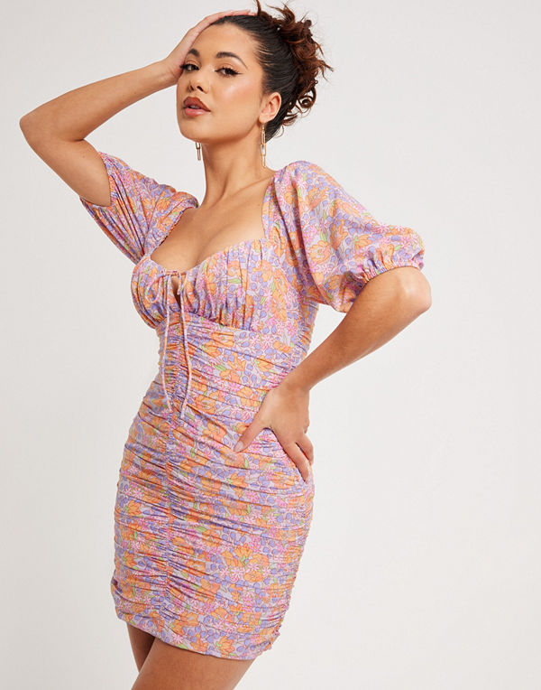 Kiss The Sky RUSH FLORAL ROUCHED MINI DRESS