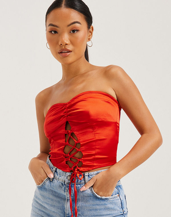 Public Desire SATIN RUCHED BUSTIER LACE UP TOP