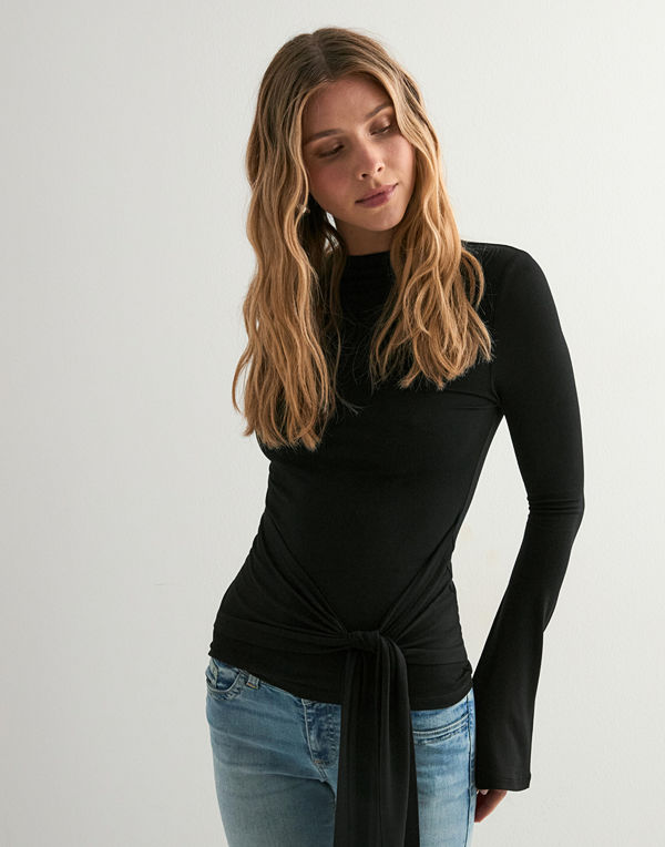 Nelly Drape Tie LS Top - Svart
