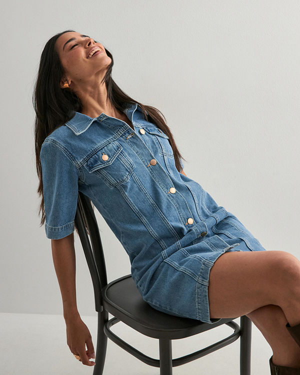 Only Onlthalia Ss Fitted Dnm Dress Cro - Blå