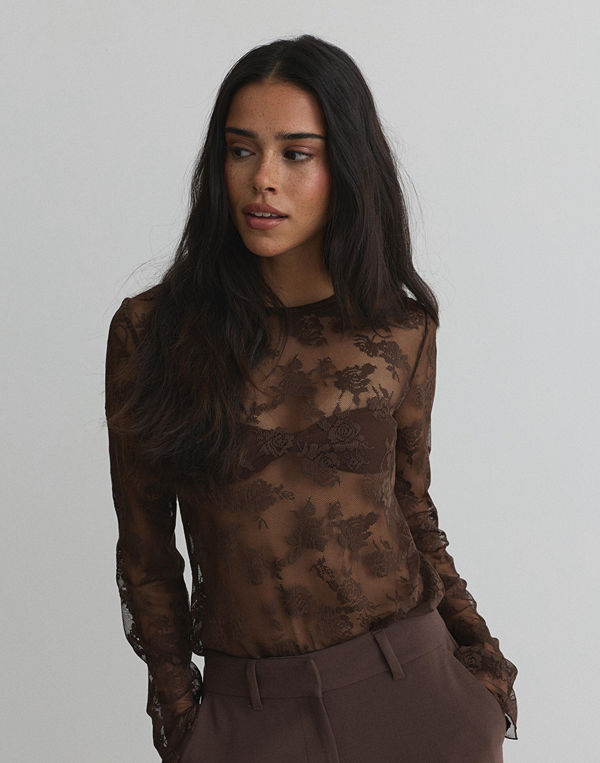 Nelly Rose Lace Blouse Top - Brun