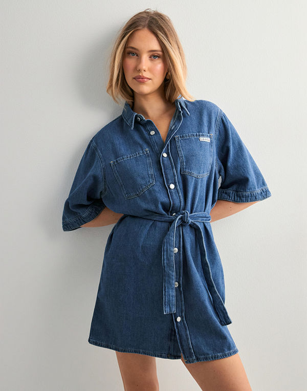 Calvin Klein Jeans Linen Boxy Belted Shirt Dress - Blå