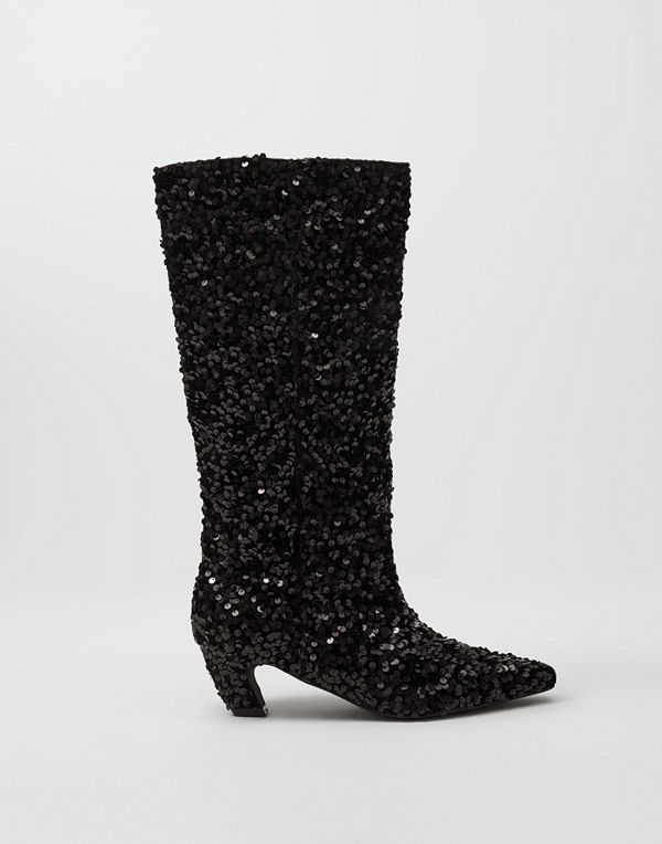 Nelly Curved Under Knee Glitz Boot - Svart