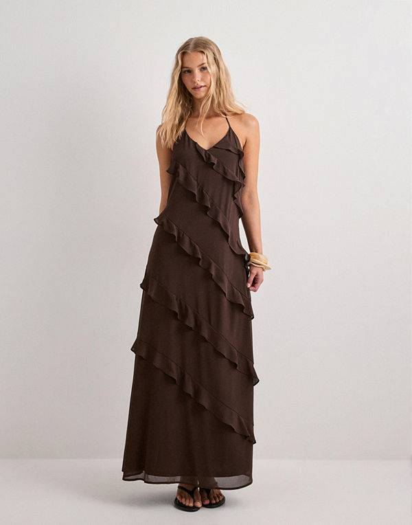 Vero Moda Vmmarjorie Sl Flounce Maxi Dress Ex - Brun