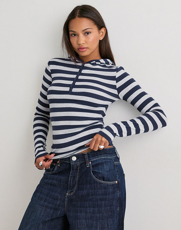 Nelly Striped Hood LS Top - Rutigt/Randigt