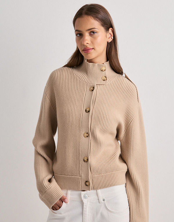 Nelly Rib Knit Bomber Jacket - Beige