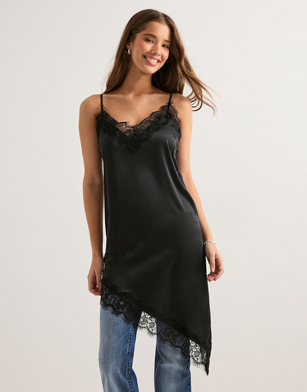 Pieces Pcnomi Strap Satin Lace Dress Wvn D - Svart