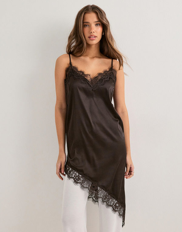 Pieces Pcnomi Strap Satin Lace Dress Wvn D - Brun