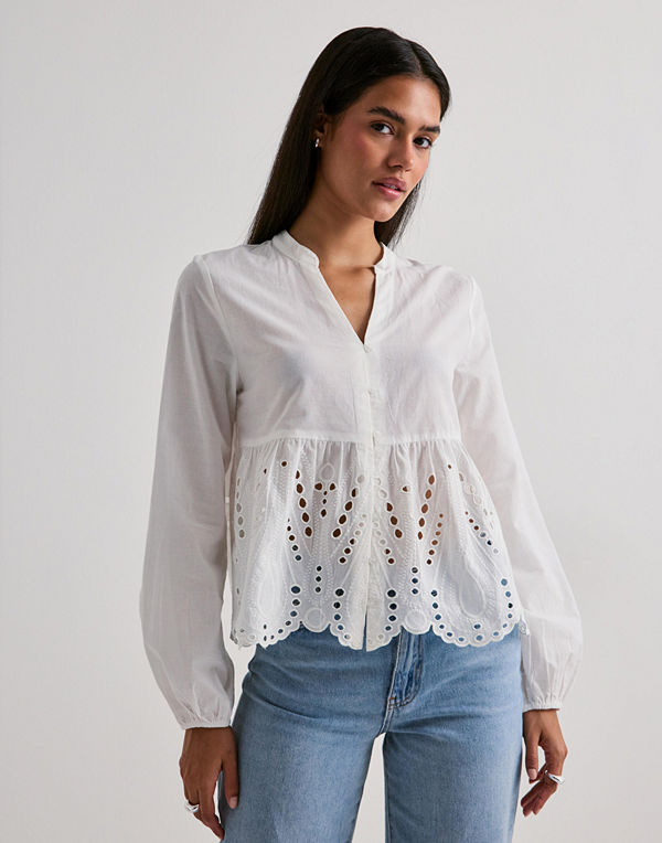 Only Onldewina Ls V-Neck Anglaise Shirt - Vit