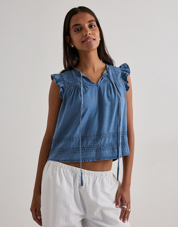 Only Onlcharis Life Sl Tie Neck Top Wvn - Blå